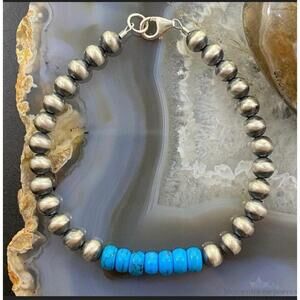 Navajo Pearl and Turquoise 6mm Beads Sterling Silver 8" Bangle For Women